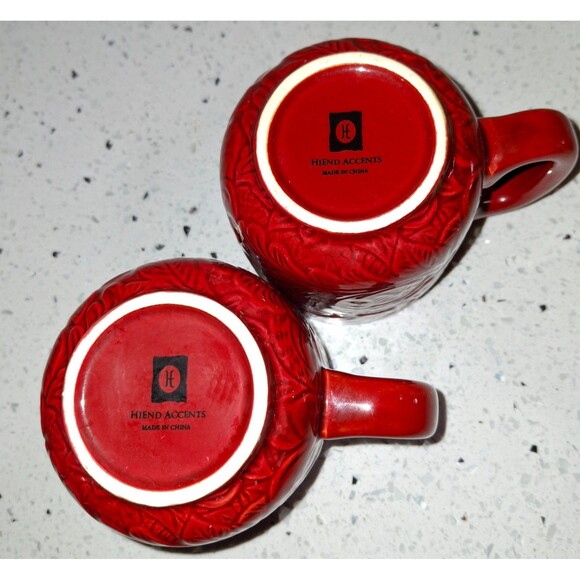 Rare HiEnd Accents Savanna Tooled Leather Look Stoneware Coffee Mugs Red St of 2 - Picture 9 of 9